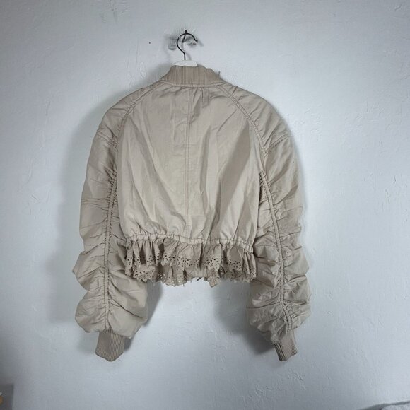 By Anthropologie Womens Ruched Lace-Trim Bomber Jacket Size XS Beige Cropped - Picture 2 of 9